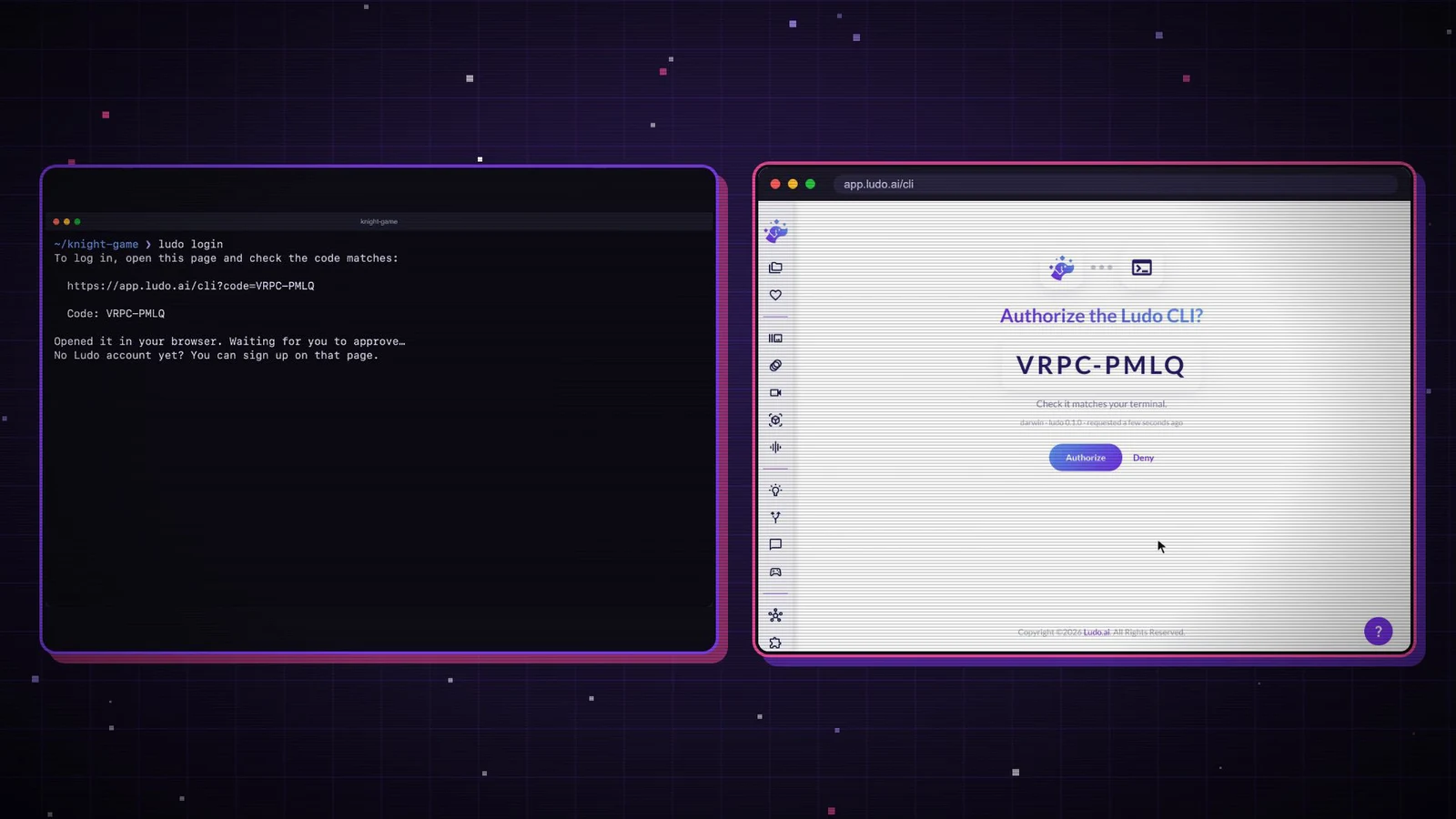 ludo login in the terminal next to the Authorize page