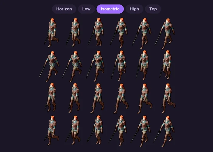 The five camera heights, Horizon, Low, Isometric, High and Top, over a finished sprite sheet rendered at Isometric