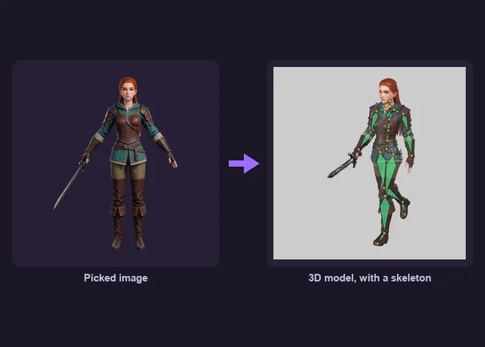 The picked image of a young heroine with a sword, and the rigged 3D model made from it, walking