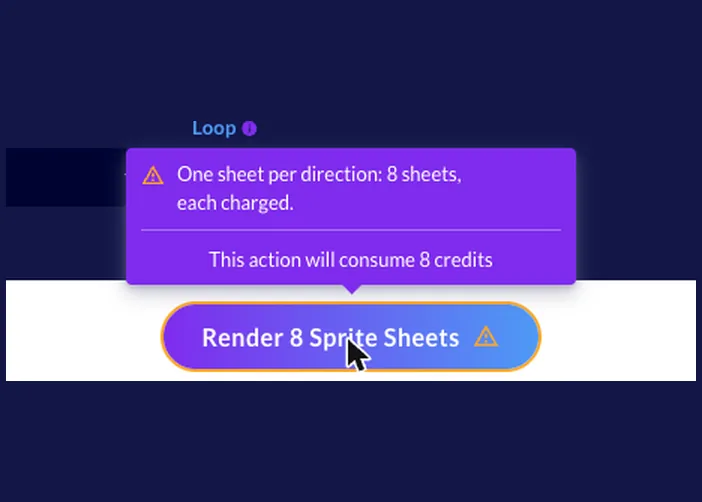 Render 8 Sprite Sheets with its note: one sheet per direction, 8 sheets, this action will consume 8 credits
