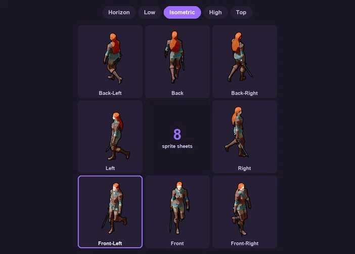 The character walking in all eight views around a compass, under the five camera heights with Isometric picked
