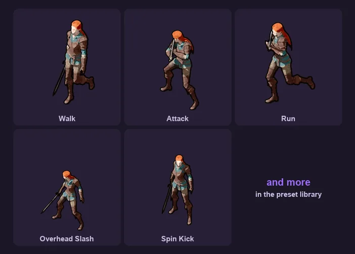 The same character performing a walk, an attack, a run, an overhead slash and a spin kick