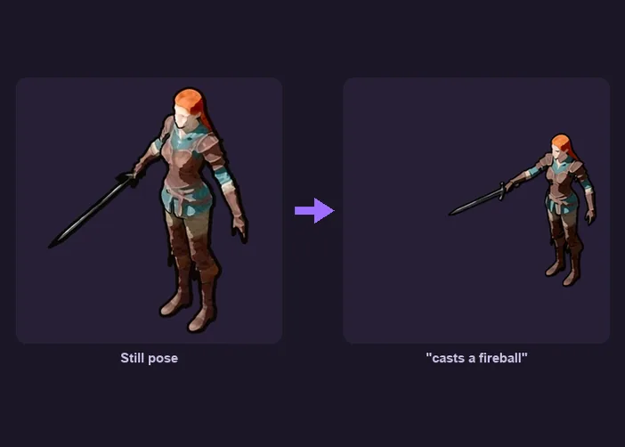 A still pose of the character beside the spell the Sprite Generator animated from it with the prompt casts a fireball