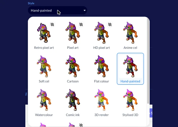 The Style menu open on Hand-painted, with the same character previewed in each of the styles