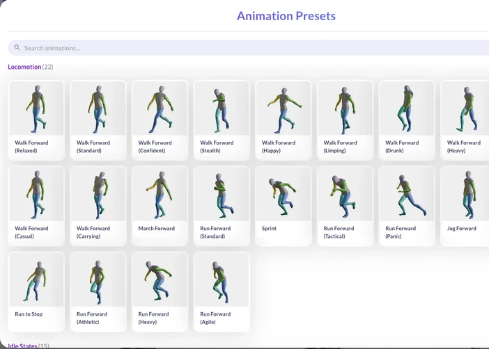 Animation Presets library open on the Locomotion category, showing a grid of walk and run cycles previewing on a mannequin