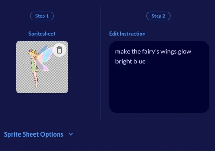 Edit Spritesheet form with a fairy spritesheet and the typed instruction make the fairy's wings glow bright blue