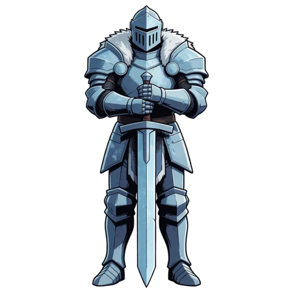 Character sprite generated from the prompt "Armored frost knight, front view, greatsword held point-down"