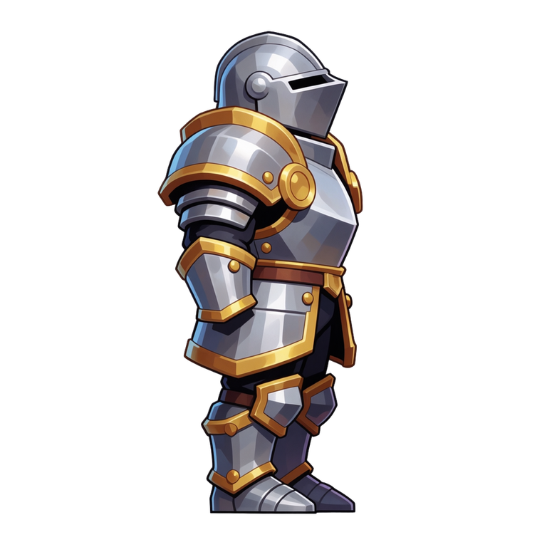 Static sprite of a knight in silver and gold plate armour, side on