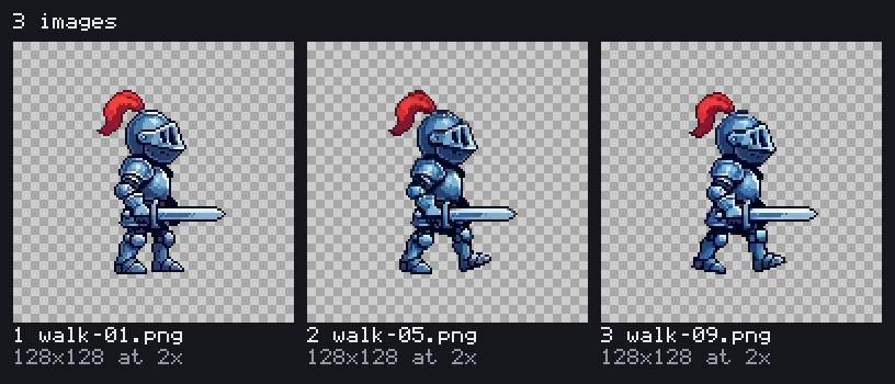 Three frames of the knight's walk in one picture, each numbered and labelled with its name and size