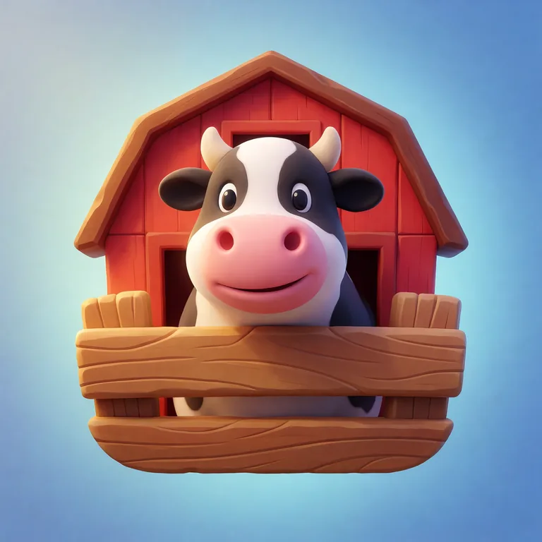 app store icon for a cozy farming game: a smiling cow peeking over a wooden fence with a red barn behind
