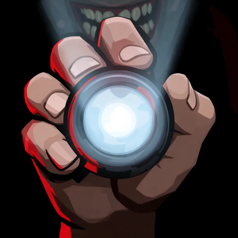 app store icon for a horror survival game: a survivor's hand holding a flashlight beam that reveals a monster's toothy grin in the dark