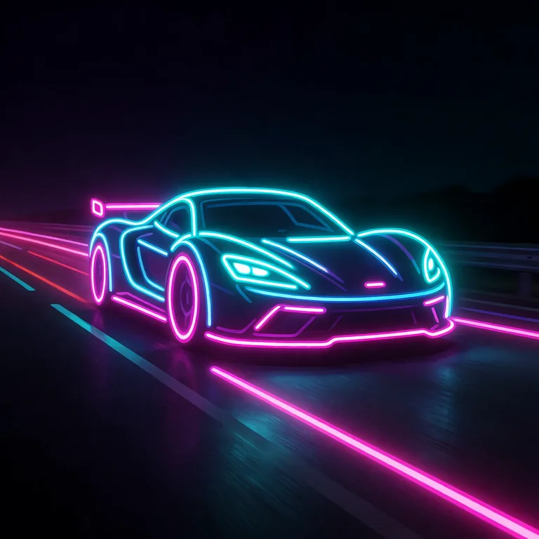 app store icon for a street racing game: a sleek car on a neon-lit night highway, light trails, pink and cyan glow