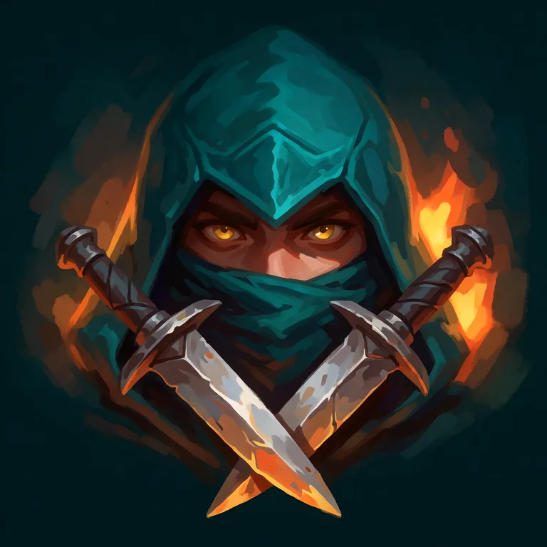 app store icon for a roguelike: a hooded rogue's face lit by a torch, golden eyes, twin daggers crossed in front