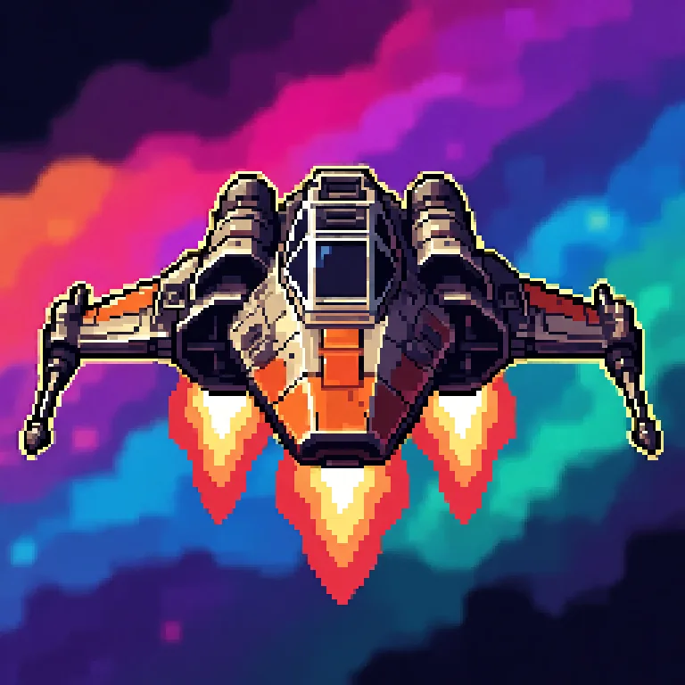 app store icon for a retro space shooter: a detailed pixel starfighter facing the viewer with blazing thrusters against a colorful nebula