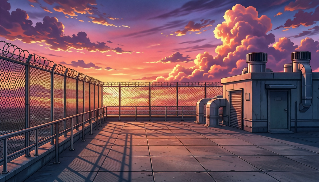 school rooftop at sunset