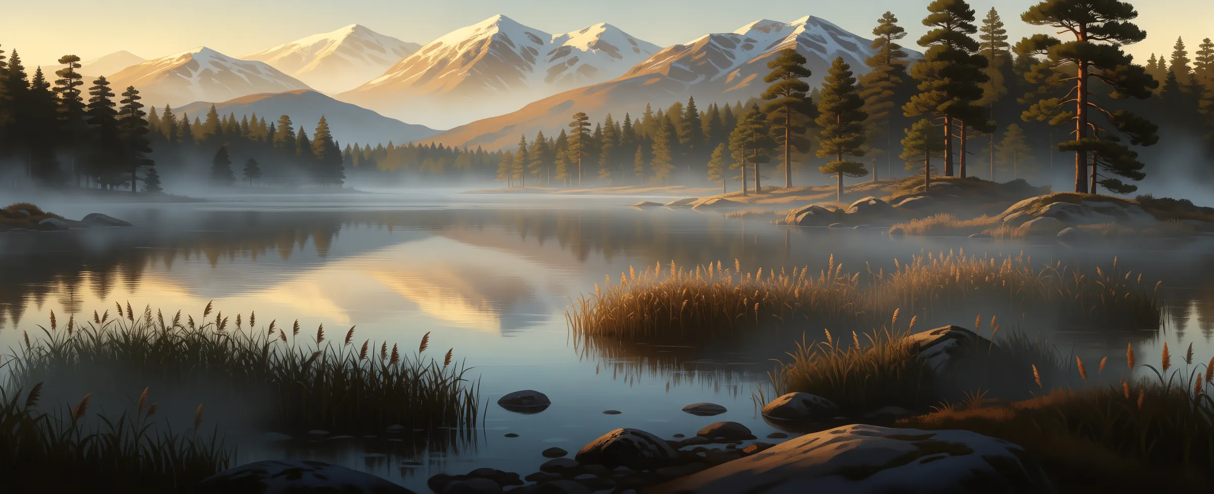 AI side-scrolling background of a misty highland lake at golden hour, snowy mountains reflected in calm water behind pine forest and reeds, repeating seamlessly left to right