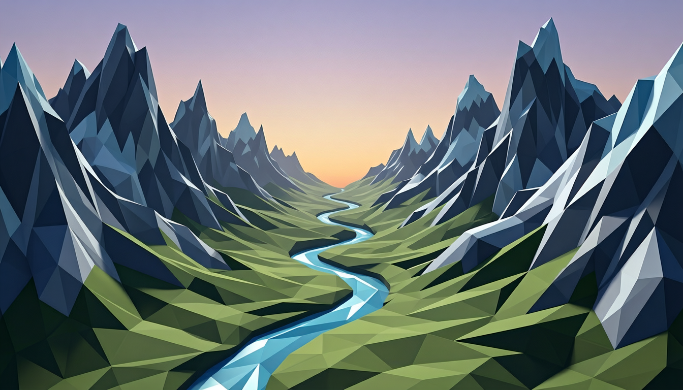 low-poly mountain valley