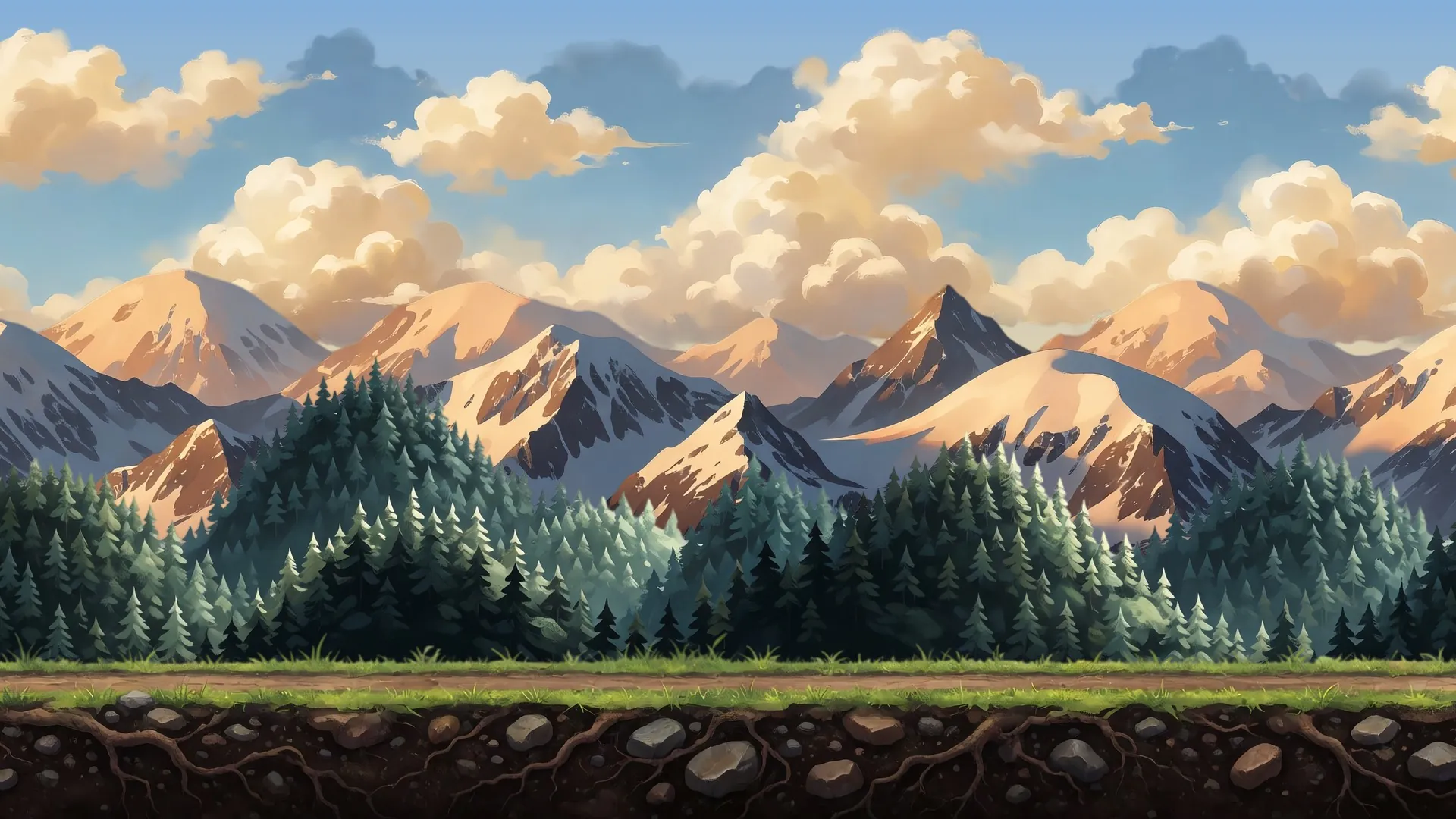 Four layers of one scene, sky, mountains, forest and ground, each generated on its own transparent background
