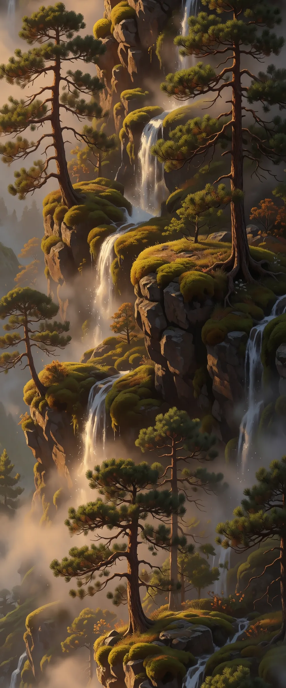 AI vertical scrolling background of a mossy cliff face with pine trees, waterfalls and mist, repeating seamlessly top to bottom