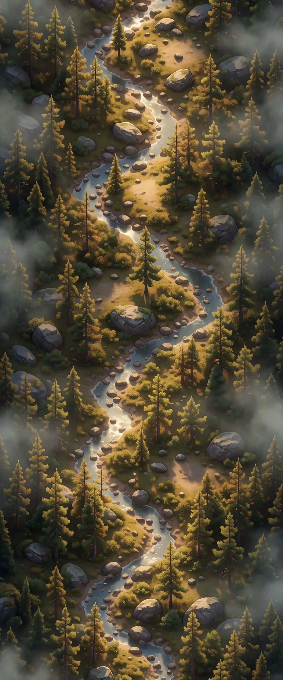 AI top-down vertical scrolling background of a river winding through pine forest, repeating seamlessly top to bottom