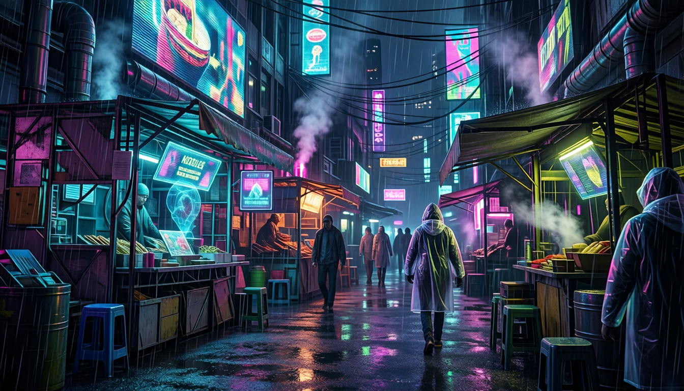 cyberpunk street market in rain