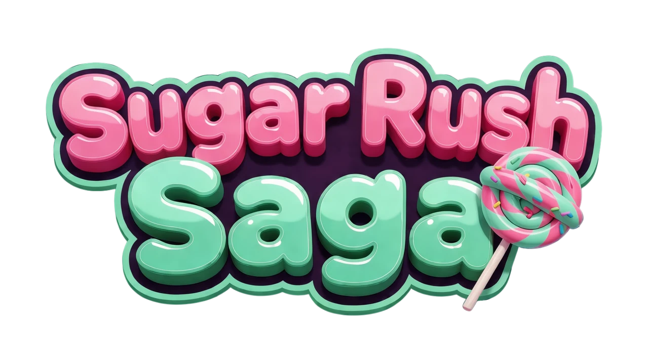 title logo for a match-3 puzzle game called Sugar Rush Saga: glossy candy letters in pink and mint with sprinkles and a swirl lollipop
