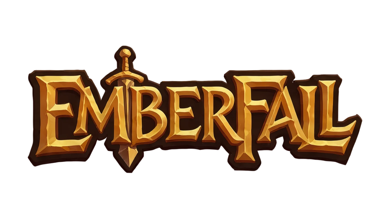 title logo for a fantasy RPG called EMBERFALL: carved gold lettering with molten cracks, a small sword through the letter A, warm ember glow