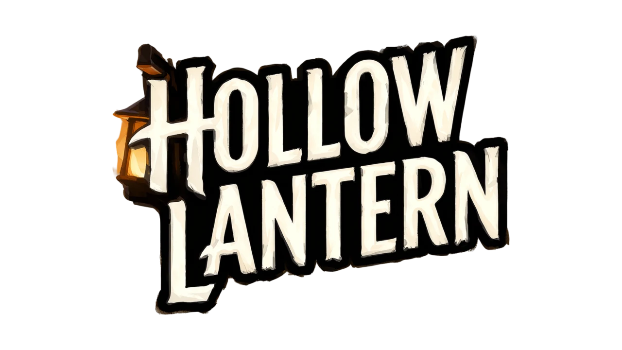 title logo for a horror game called HOLLOW LANTERN: scratched bone-white letters dripping ink, a dim lantern hanging from the H