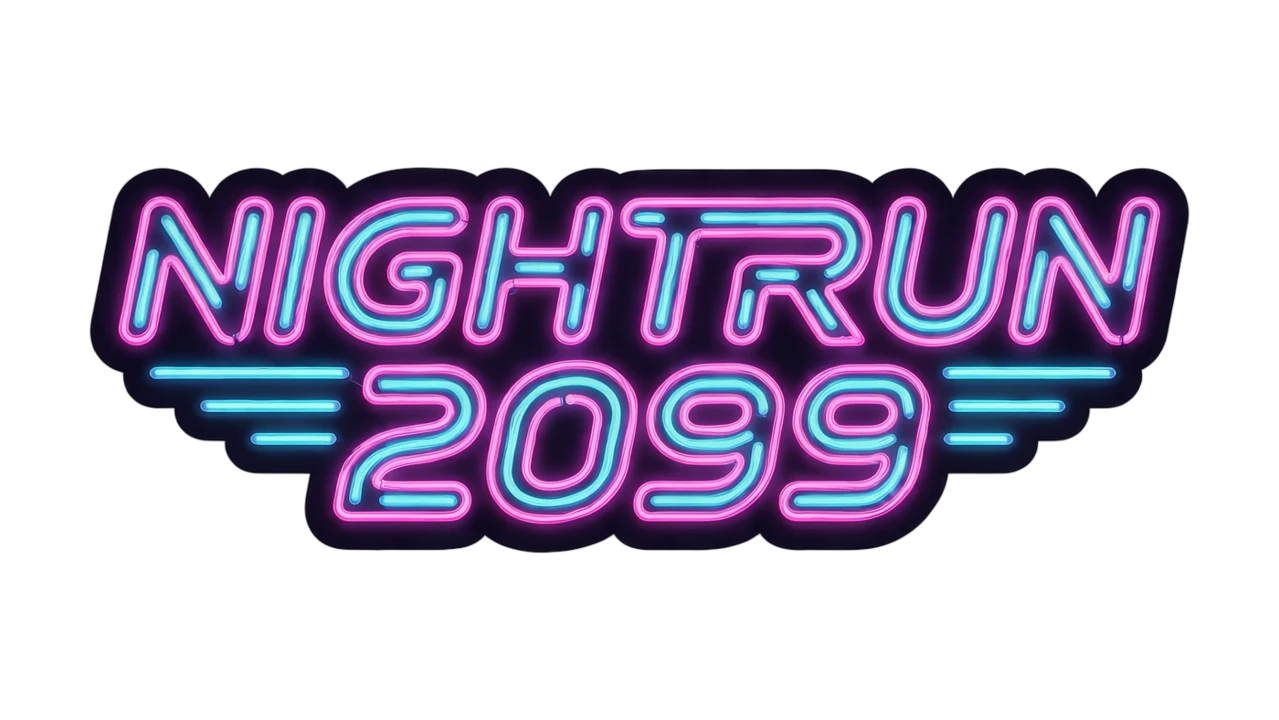 title logo for a cyberpunk racing game called NIGHTRUN 2099: glowing magenta and cyan neon tube letters with speed lines