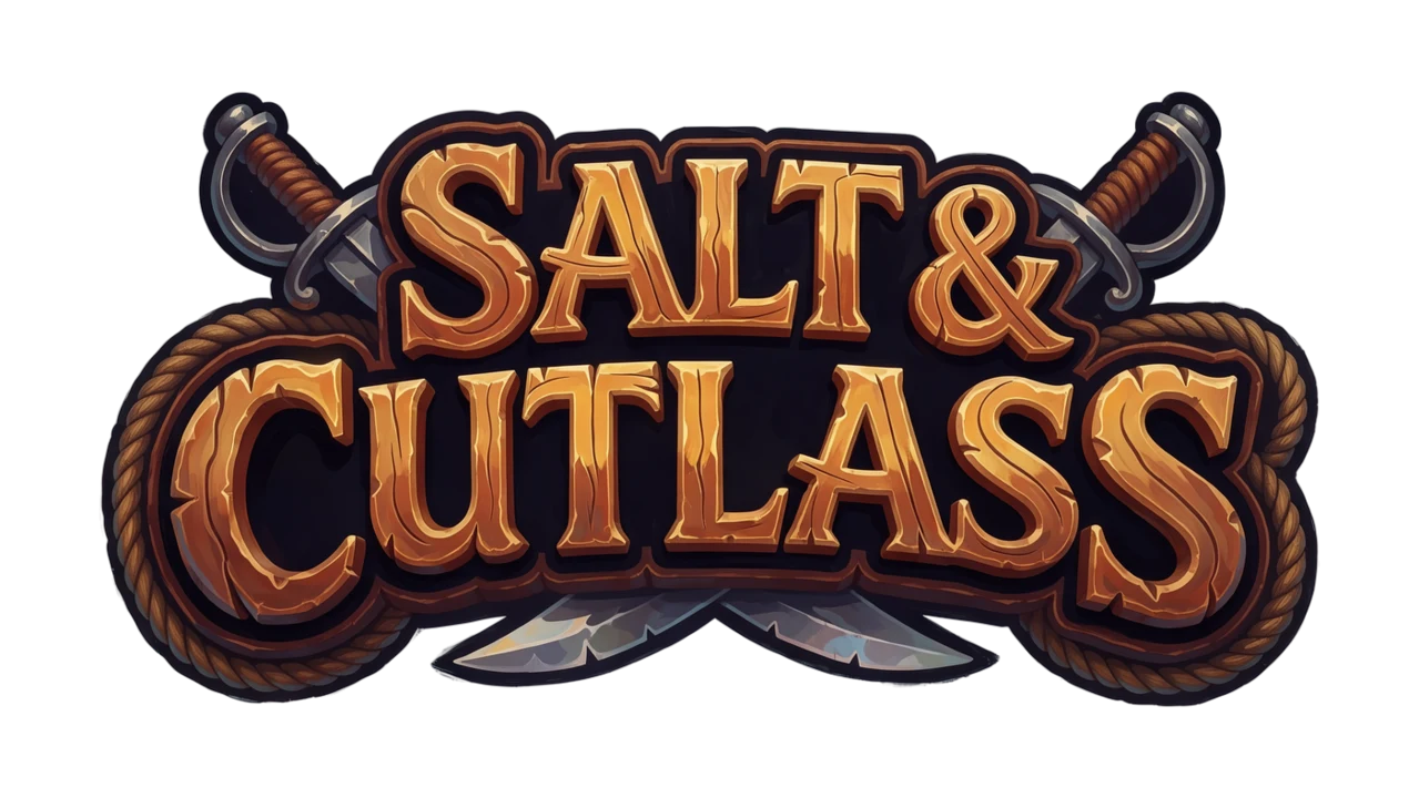title logo for a pirate adventure called SALT & CUTLASS: weathered wooden plank letters with rope, two crossed cutlasses behind the ampersand