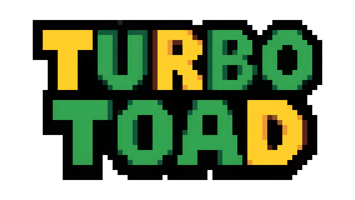 title logo for a retro platformer called TURBO TOAD: chunky pixel letters in yellow and green with a black outline and a jumping toad over the O