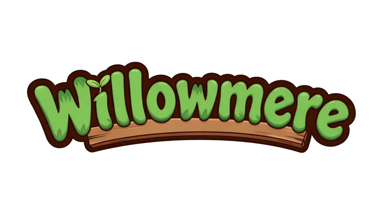 title logo for a cozy farming game called Willowmere: rounded leafy green letters with a sprouting seedling dotting the i, a little wooden sign under the word