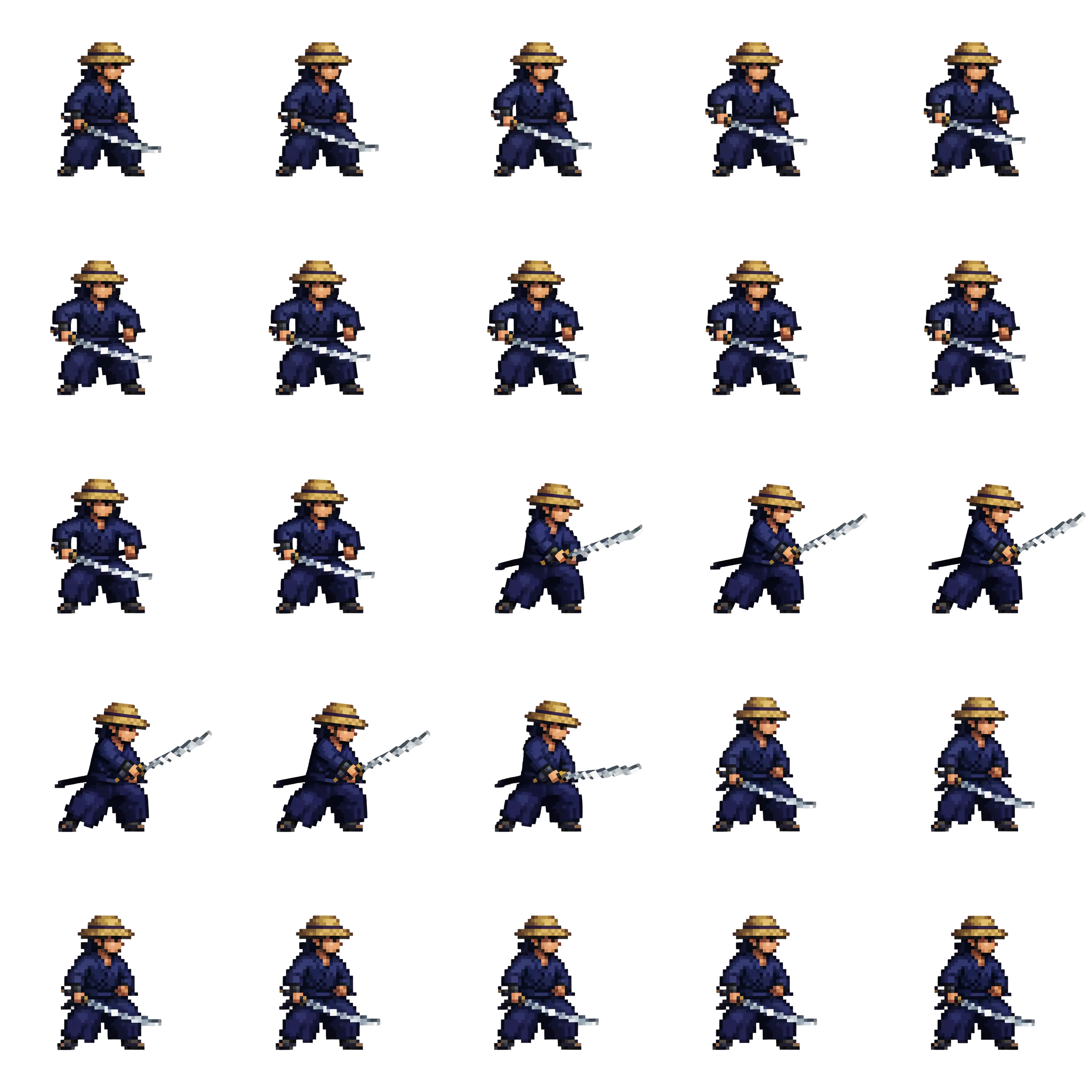 5x5 pixel art spritesheet of the samurai katana slash attack