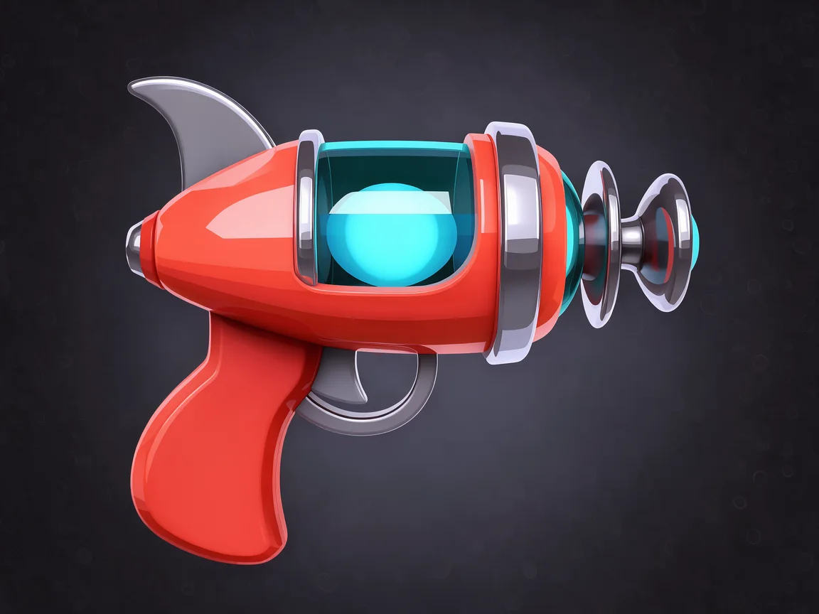 concept art of a retro-futuristic ray gun with a glass energy chamber and chrome fins