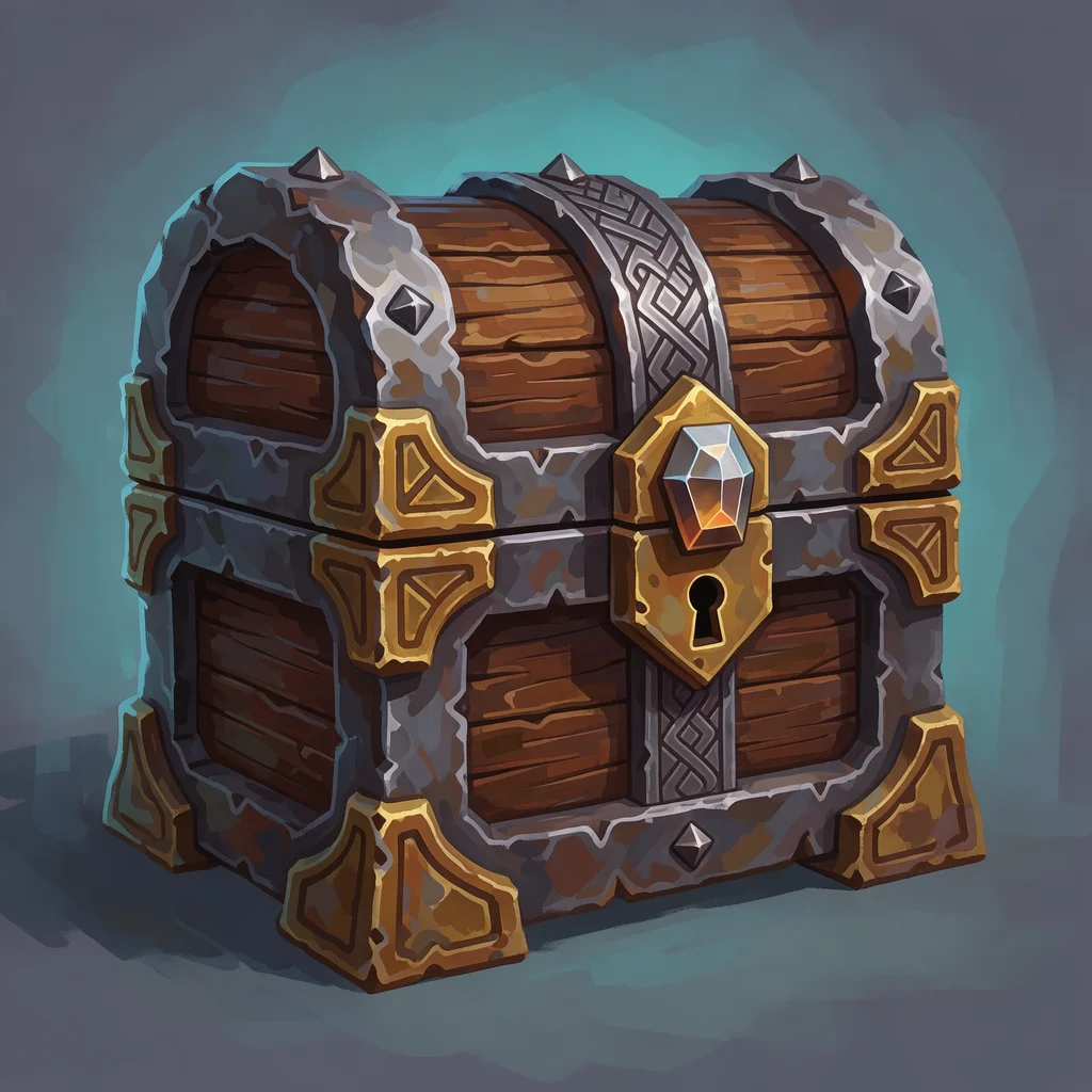 concept art of an ornate dwarven treasure chest with iron bands, gem locks and a rune keyhole