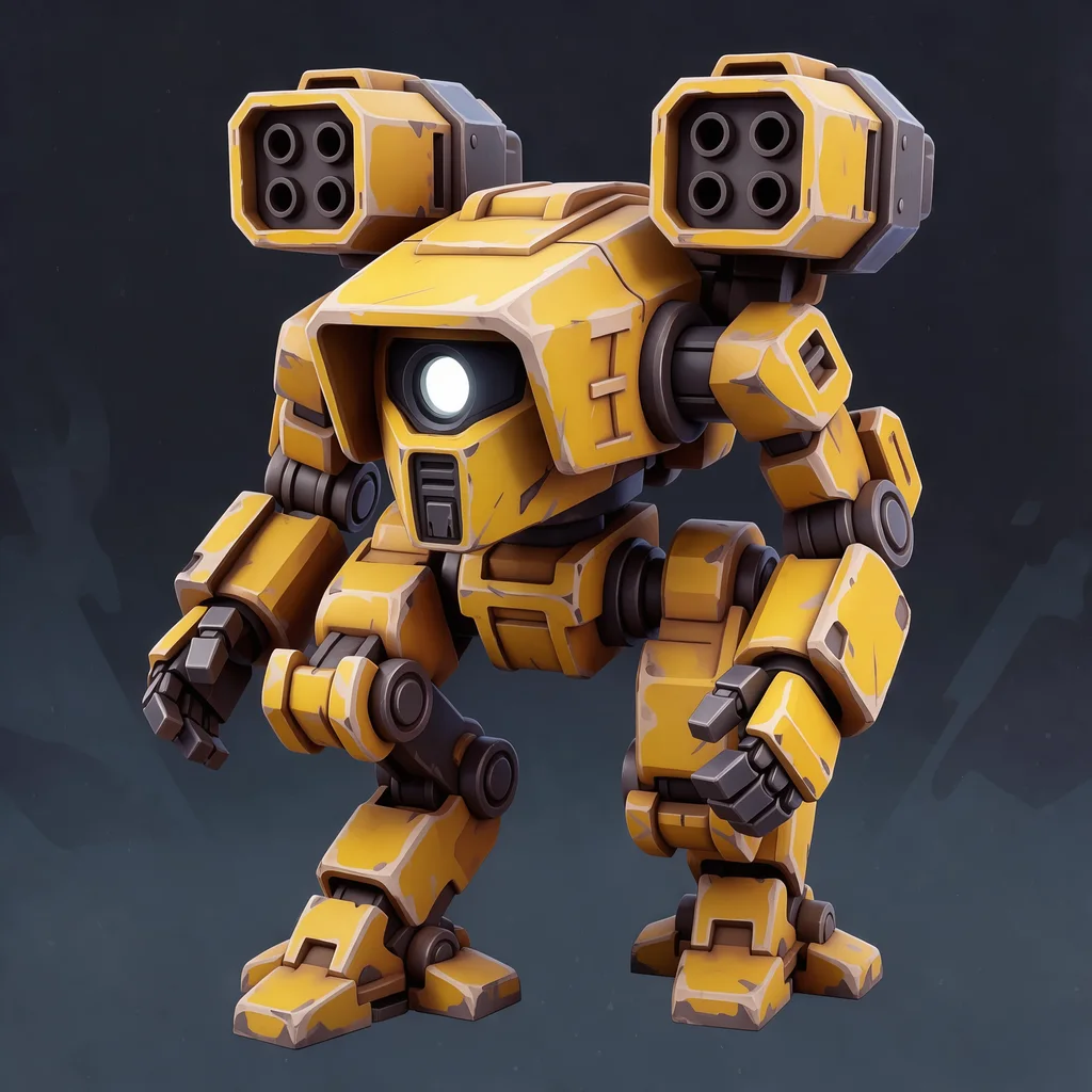 concept art of a bipedal scout mech with a single sensor eye, rocket pods and worn yellow paint