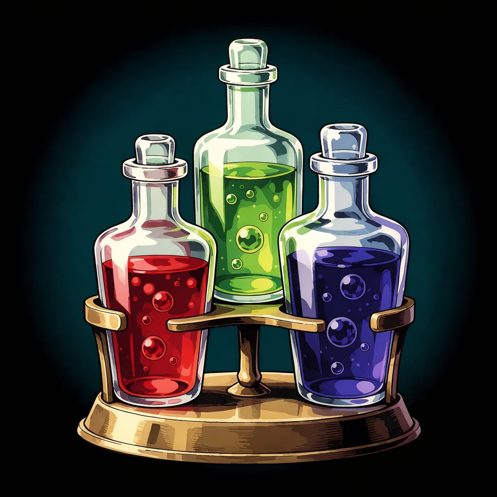 concept art of an alchemist's potion set: three glass bottles with bubbling liquids on a small brass stand