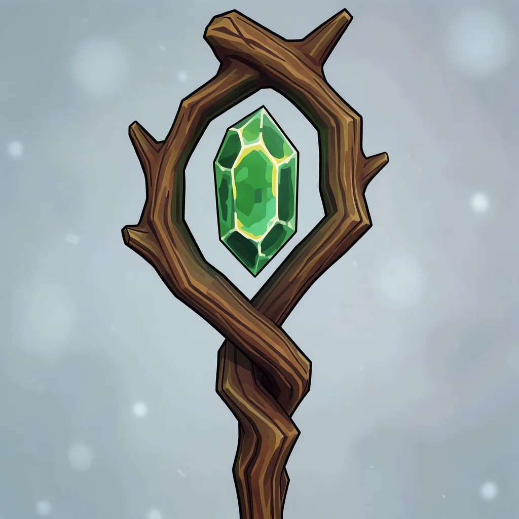 concept art of a druid staff of twisted wood wrapped around a floating green crystal