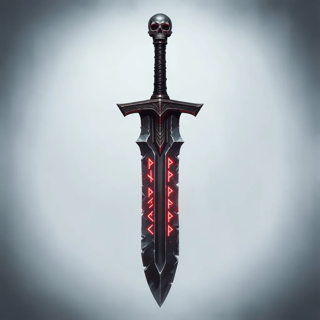 concept art of a cursed greatsword: blackened steel blade with glowing red runes and a skull pommel