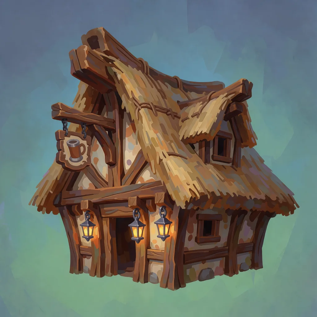 concept art of a crooked fantasy tavern building with a thatched roof, hanging sign and lanterns