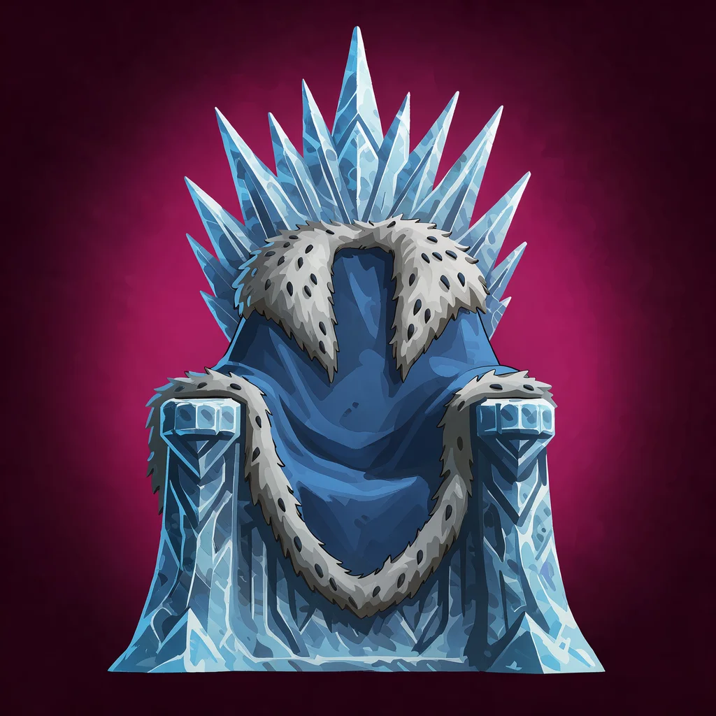concept art of a frozen king's throne carved from ice with icicle spikes and a blue fur cloak draped over it