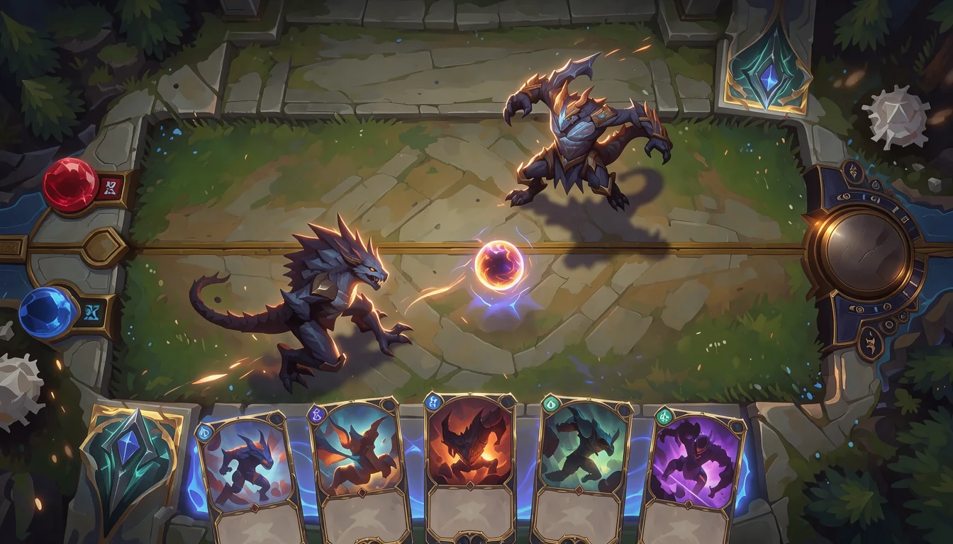 fantasy deck-building card battle: hand of five cards at the bottom, two monsters facing the hero, energy orb