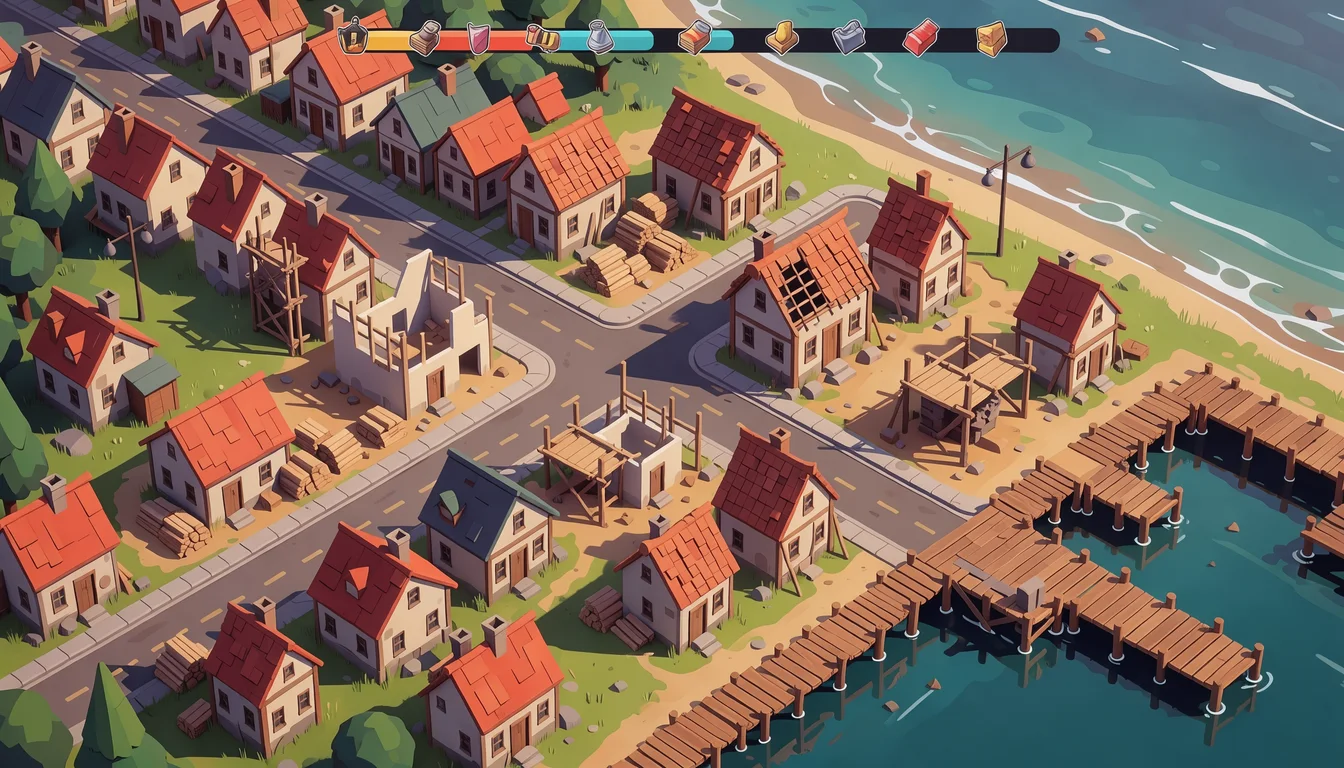 isometric city builder: a small harbor town with roads, houses under construction, resource bar at the top