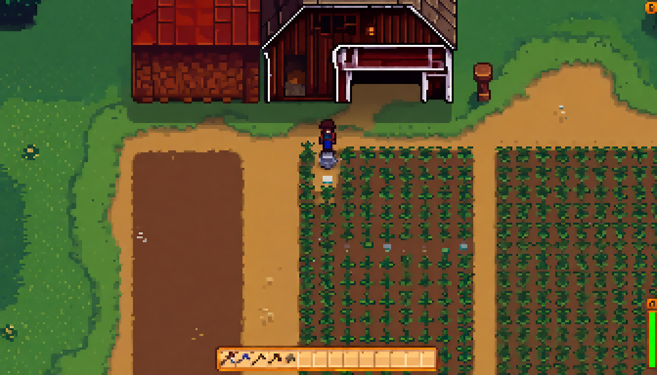 cozy farming sim: player watering crops next to a barn, inventory bar and clock in the corner