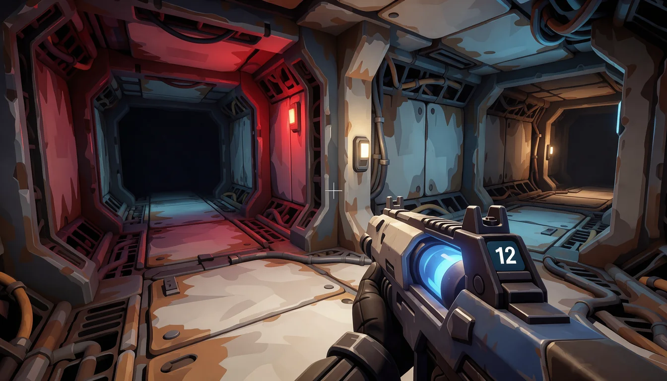 first-person sci-fi shooter: plasma rifle in hand, corridor of a derelict space station, ammo counter and crosshair