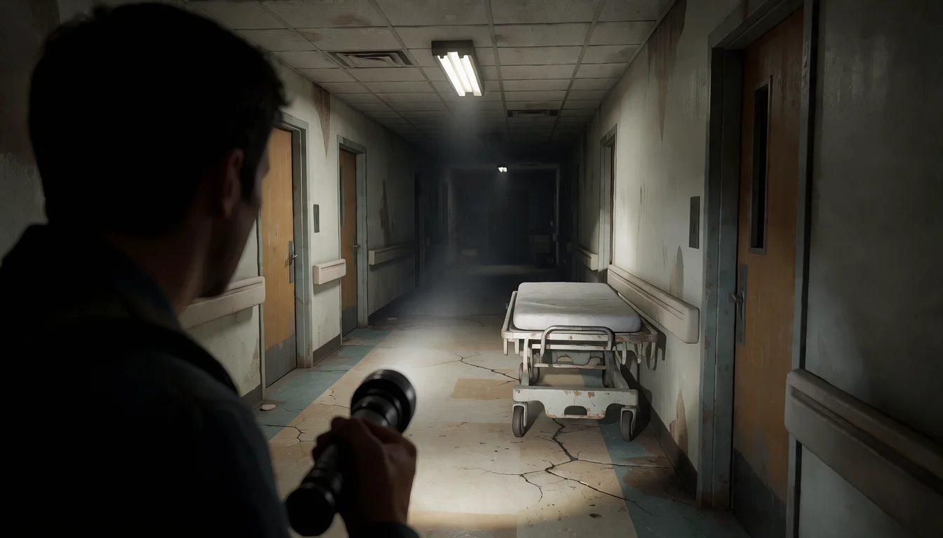 over-the-shoulder survival horror: flashlight beam in an abandoned hospital hallway, minimal HUD