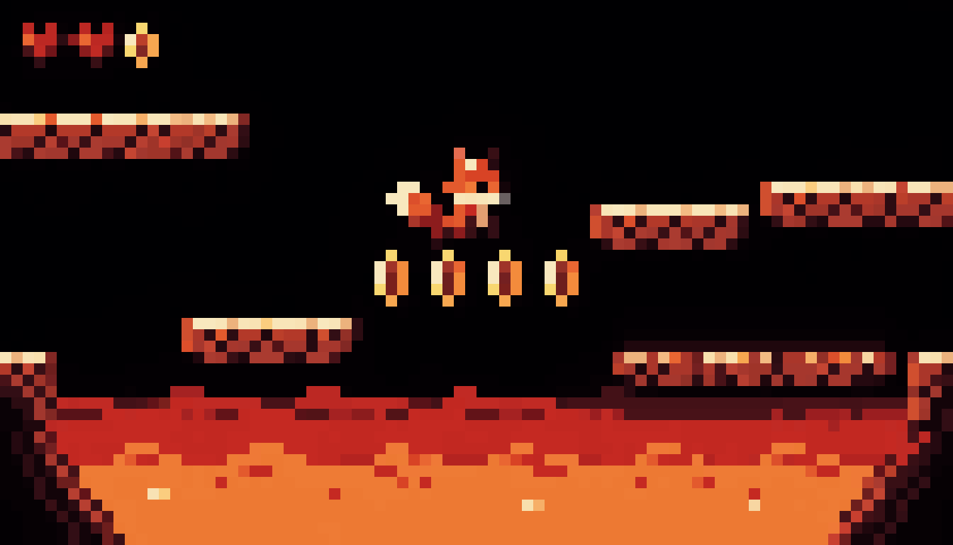 side-scrolling pixel platformer: a fox jumping between floating platforms over lava, spinning coins, HUD of three hearts and a coin icon in the top corner, no text or numbers