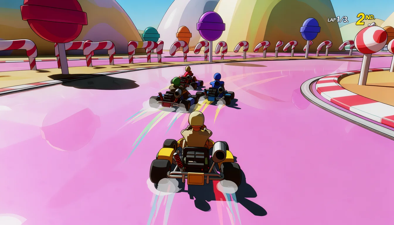 third-person arcade kart racer: karts racing on a candy-themed track, lap counter and position on screen