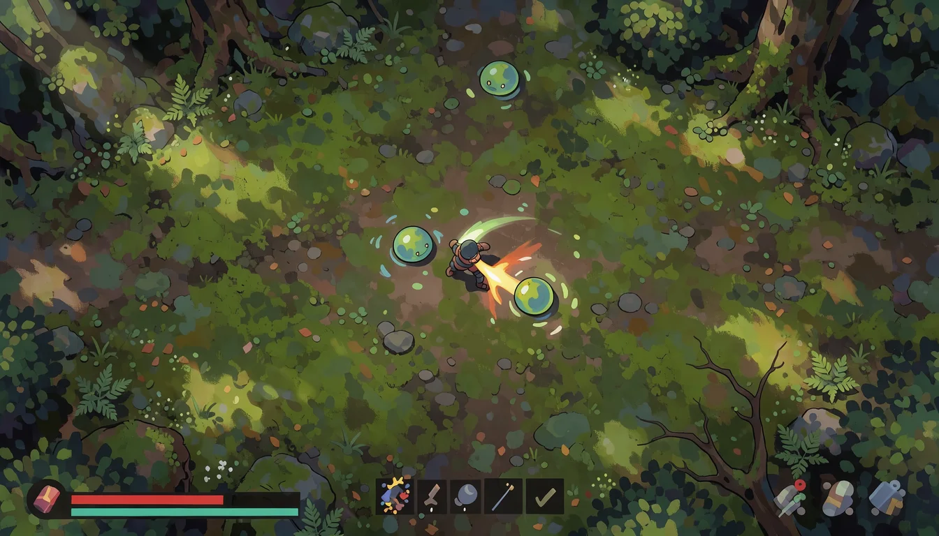 top-down action RPG: hero fighting slimes in a mossy forest clearing, health bar and hotbar on screen