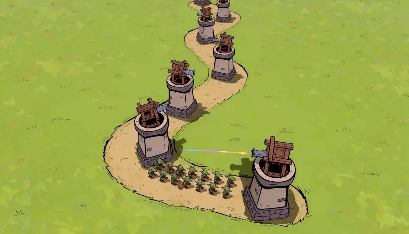 tower defense game: cartoon towers along a winding path with goblins marching, wave counter and gold